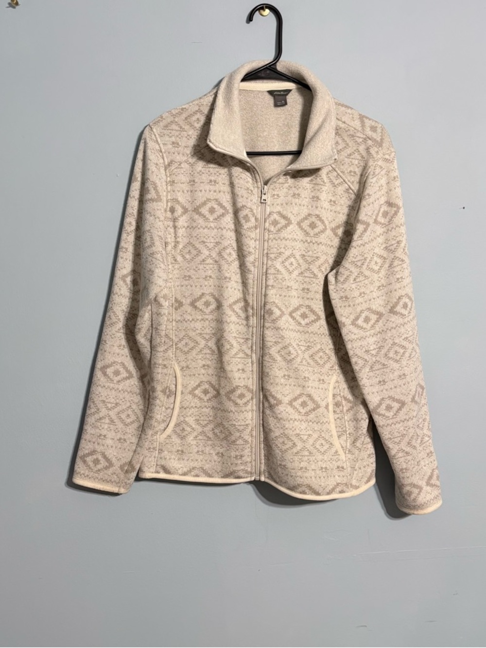 Eddie Bauer XL Cozy Full-Zip Geometric Fleece Jacket in Cream and Light Taupe